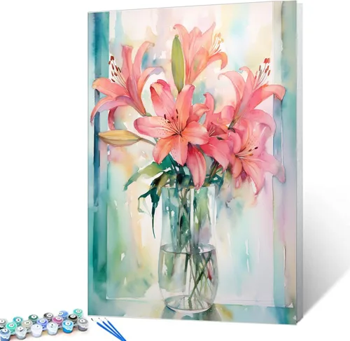 Miniatura 14 de Tucocoo Kits de pintura floral de amapola por números con pinceles y pigmento acrílico sobre lienzo para adultos, hermosos jarrones, flores, Obras