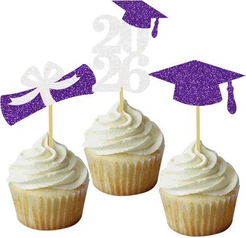 Miniatura 11 de Decoración para cupcakes de graduación, decoración de fiesta de graduación, selecciones de alimentos, felicitaciones, tapa de diploma con purpurina