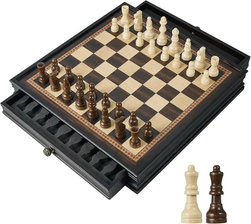 BIVOMON Juego de ajedrez de madera de 12.5 pulgadas, piezas de ajedrez magnéticas con 2 cajones de almacenamiento integrados - juego de tablero de