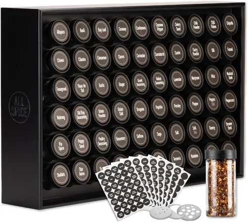 AllSpice Organizador de especias, madera, 525 etiquetas únicas, montaje en encimera o pared, incluye 60 tarros de 4 onzas, negro mate