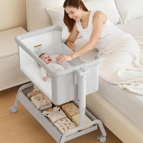 Miniatura 8 de Moisés de bebé 3 en 1, moisés mecedor, moisés de noche para bebé, cuna estable y segura para recién nacido y bebé, 6 alturas ajustables con ruedas