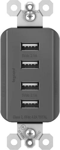 Legrand Radiant TM8USB4BKCC6 - Cargador USB cuádruple con salida decorativa, estación de carga multipuerto de 4.2 amperios, color negro (1 unidad)