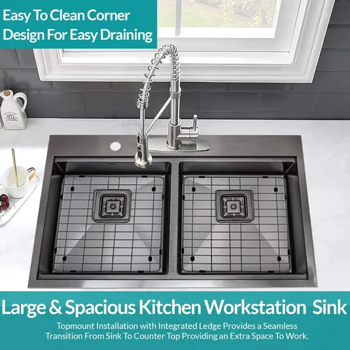 Miniatura 2 de S STRICTLY KITCHEN + BATH - Fregadero de cocina de 33 pulgadas de montaje superior, estación de trabajo, tazón doble 50/50, calibre 16, acero
