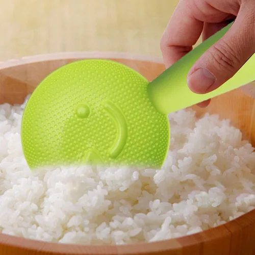 Miniatura 7 de Cuchara de arroz Bonita espátula para servir arroz con cara sonriente Paleta de arroz antiadherente con mango largo, soporte para servir arroz