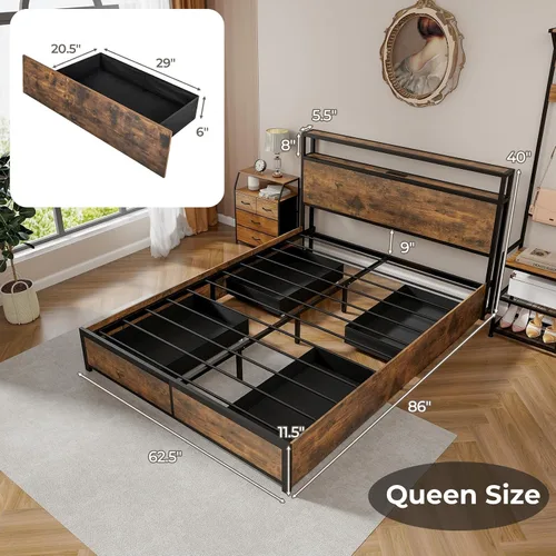Miniatura 2 de Giantex Base de cama Queen con cabecero de luces LED y 4 cajones de almacenamiento, plataforma de metal con enchufes y puertos USB, estación