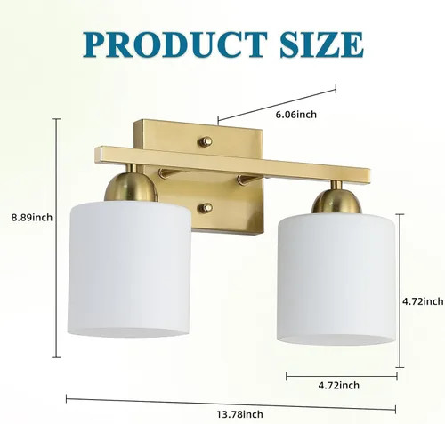 Miniatura 5 de Mecgirn Luces de tocador de vidrio de leche de acero inoxidable para baño, 2 lámparas de baño doradas claras sobre espejo, enchufes E26 de cerámica