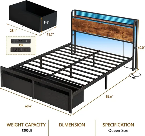 Miniatura 2 de Furnulem Base de cama tamaño Queen con almacenamiento de cabecero, base de cama de plataforma tamaño Queen con 2 cajones, estación de carga y luces