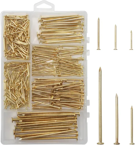 Kit surtido de clavos con herrajes dorados de 6 tamaños, 358 piezas, chapado en latón, clavos para colgar cuadros, clavos de acabado, clavos para