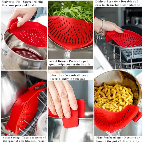 Miniatura 3 de Arlig Colador de pasta con clip de silicona, ajuste universal para todas las ollas y cuencos, escurridor a presión para carne, verduras, colador