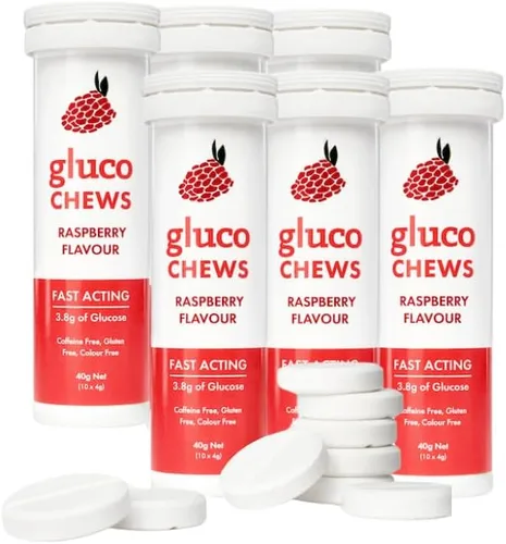 Tabletas de glucosa de acción rápida, Glucochews Raspberry, 60 unidades (10 tabletas por tubo, 6 tubos de tamaño de bolsillo), aumenta la energía,