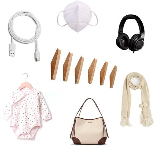 Miniatura 7 de Paquete de 6 ganchos de pared de madera, ganchos de roble para abrigos, diseño minimalista, resistente para bata, colgador de ropa de madera