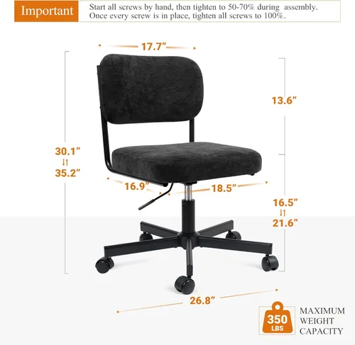 Miniatura 2 de Silla de oficina, moderna silla de escritorio Farbic pequeña sin brazos con respaldo, ruedas silenciosas, silla giratoria de altura ajustable, Blanco