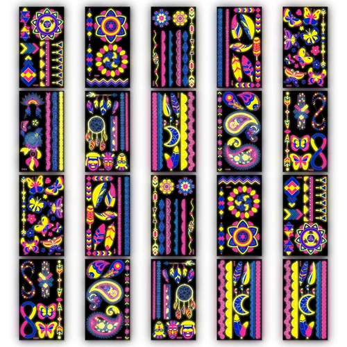 Miniatura 7 de Tatuajes temporales de neón que brillan en la oscuridad, 20 hojas, más de 170 diseños únicos para fiestas y festivales rave