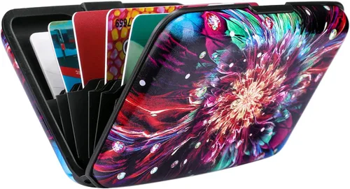 Miniatura 103 de ELFISH Mini cartera de aluminio RFID para tarjetas de crédito, funda de identificación de metal para hombres y mujeres, Happy Flower, Cartera Rfid