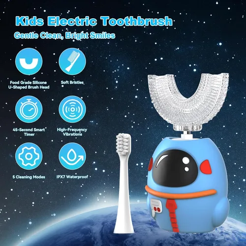 Miniatura 2 de FTOYIN Cepillo de dientes eléctrico para niños, cepillo de dientes en forma de U con 4 cabezales de cepillo, limpieza ultrasónica de 360°, 5 modos