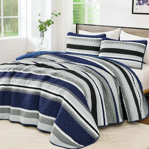 Miniatura 10 de WONGS BEDDING Juego de Edredón Full, Juego de Colcha y Cubrecama de 3 Piezas a Rayas Negras, Edredones Ligeros de Verano Tamaño Full para Cama