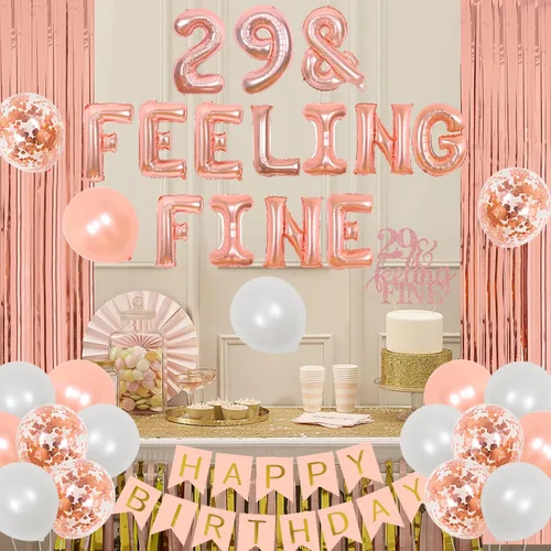 Miniatura 3 de Cheereveal Decoraciones de cumpleaños número 29 – Oro rosa, globos "Feeling Fine" y decoración para pastel