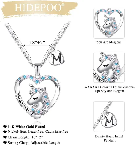 Miniatura 4 de Regalos de unicornios para niñas, dije de corazón chapado en oro blanco de 14 quilates con circonita cúbica You Are Magical Unicorn Necklace Girls