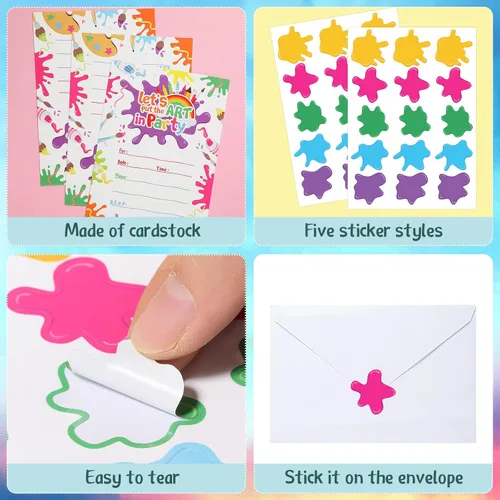 Miniatura 2 de Pajean Juego de 24 invitaciones de fiesta de pintura artística con sobres, tarjetas de cumpleaños coloridas, letras de invitación temáticas
