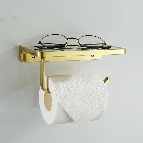 Miniatura 2 de RANDOM Portarrollos de papel higiénico dorado cepillado con estante Soporte de rollo de papel higiénico de metal sólido Gold.RD93008BG Oro cepillado