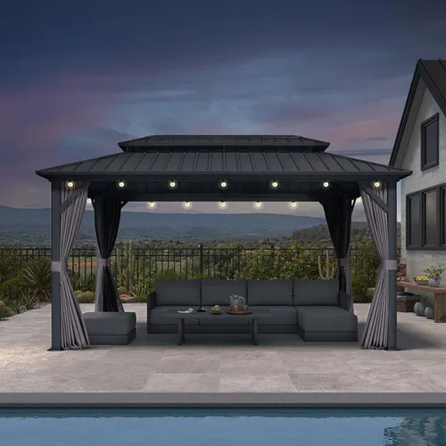 Miniatura 38 de PURPLE LEAF Glorieta de 6' X 8' con techo rígido para parrilla de patio, glorieta de barbacoa de aluminio con toldo, 24 bombillas LED transparentes