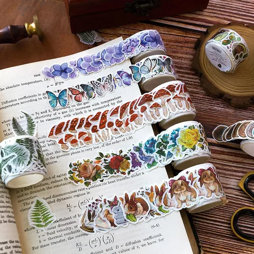 Miniatura 8 de 8 rollos de cinta adhesiva Washi vintage, diseño de pétalos de flores, hojas de helecho, mariposas, hojas de pino, hongos para bricolaje, diario