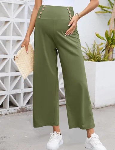 Miniatura 2 de Pantalones de maternidad para mujer, de cintura alta, con doble botonadura y pierna ancha, pantalones largos sueltos para embarazo, pantalones