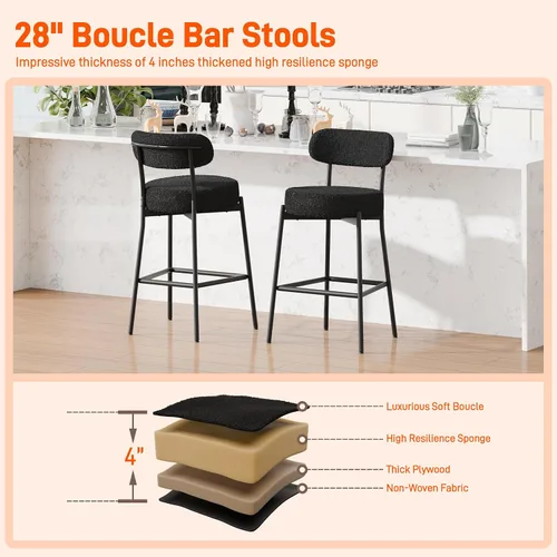 Miniatura 7 de Boucle - Juego de 2 taburetes de bar de altura de mostrador de 28 pulgadas, taburetes de bar modernos con asiento redondo de 4 pulgadas de grosor