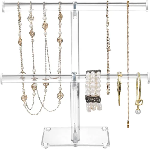 Miniatura 4 de MOOCA Organizador de joyas de acrílico transparente de lujo, soporte de pulsera de barra en T de 2 niveles, soporte de collar acrílico, soporte