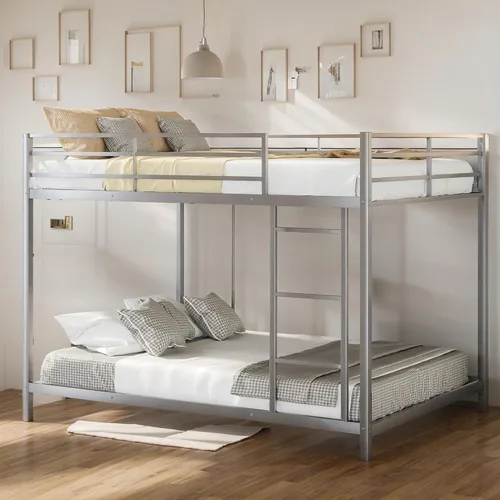 Miniatura 7 de DlandHome Litera de metal matrimonial sobre tamaño matrimonial con escalera, marco de litera de perfil bajo para niños y adultos, litera de acero