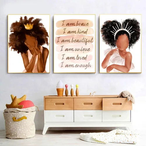 Miniatura 2 de LLOSEUP Arte de pared de reina negra, corona de princesa afroamericana, con citas de corazón arco iris, arte de pared, póster escandinavo