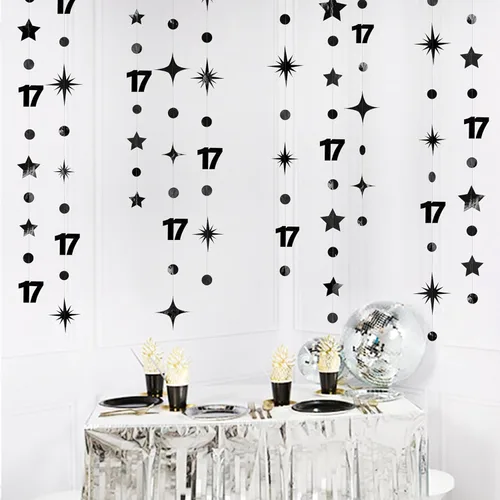 Miniatura 4 de Decoraciones negras de cumpleaños número 17, guirnalda de estrellas y círculos, telón de fondo para niñas y niños, vítores a 17 años de edad