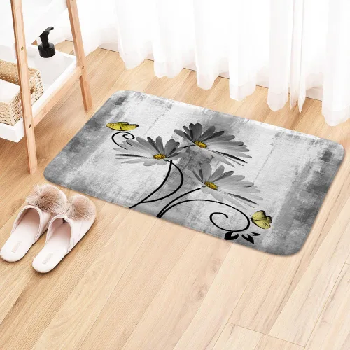 Miniatura 3 de Alfombra de Baño Rústica de Granja, Alfombra de Baño de Flores de Margaritas Grises de Granja, Mariposas de Campo, Alfombra de Baño de Madera