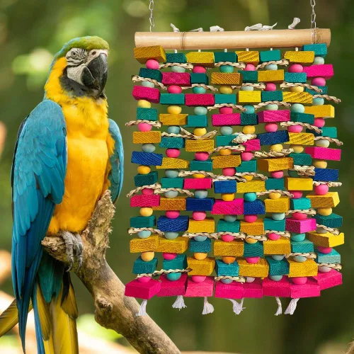 Miniatura 8 de Juguetes de pájaros extra grandes para guacamayos, bloques de madera multicolor juguete para masticar pájaros, jaula de loro, juguete de mordida