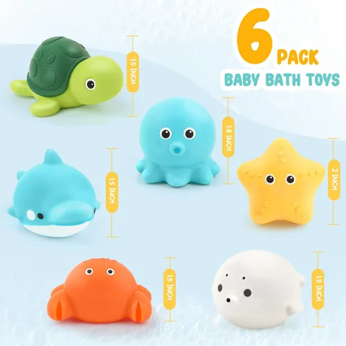 Miniatura 5 de Juguetes de baño, paquete de 6 juguetes de bañera para bebé, sin agujeros, suaves, apretables y flotan en el agua, juguetes de baño de fácil agarre