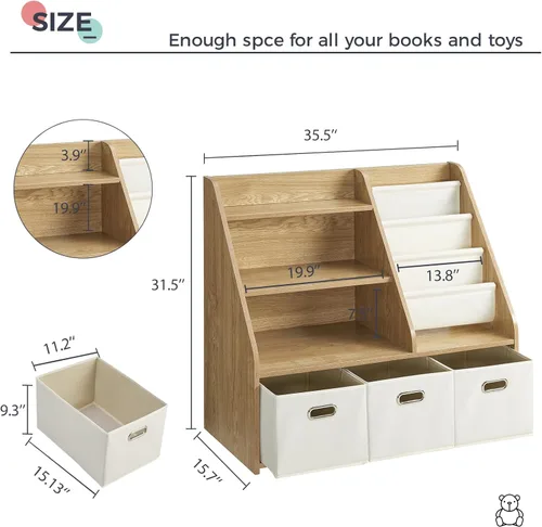Miniatura 2 de Marcytop Montessori - Estantería y organizador de almacenamiento de juguetes, estantería de madera 3 en 1 con 3 contenedores de tela para juguetes