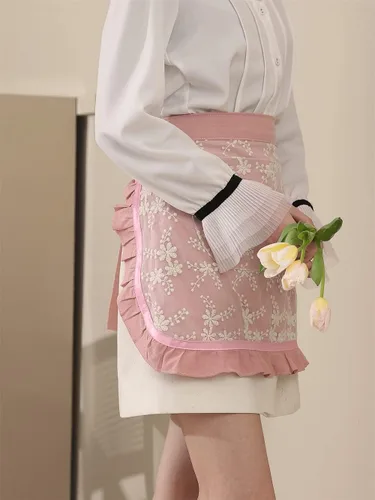 Miniatura 2 de Delantales de chef unisex blanco retro algodón criada corto 2 bolsillos cintura camarera mitad delantal