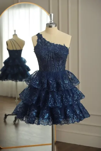 Miniatura 2 de One Shoulder Short Homecoming Dresses for Teens Sequin Sparkly Prom Dresses Tiered Lace Cocktail Dresses