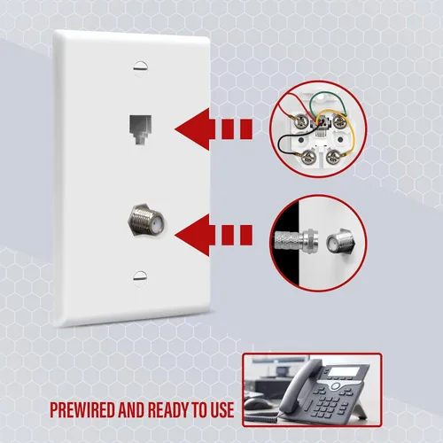 Miniatura 3 de Conector de tipo F para teléfono y CATV, más conectores hembra RJ11 con placas para pared, Blanco, 1