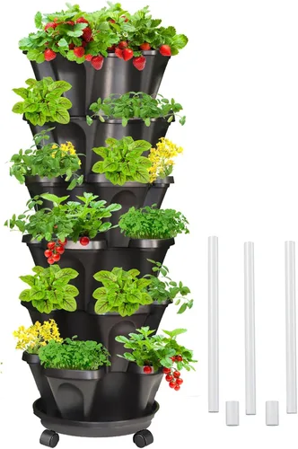 Miniatura 17 de Macetas verticales de fresa, paquete de 2 unidades, torre apilable de 5 niveles con poste de soporte, macetas apilables para hierbas y verduras