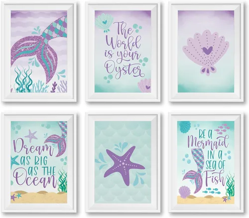 Miniatura 10 de Hadley Designs 6 decoraciones de sirena para habitación de niñas, arte de pared de sirena para dormitorio y baño, impresiones sin marco bajo el mar