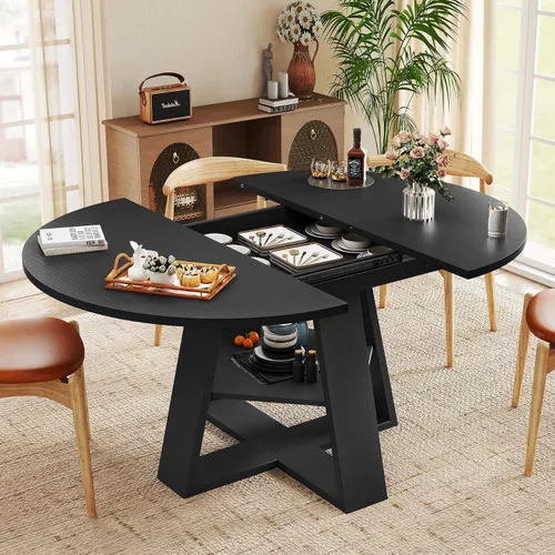 Miniatura 5 de Aivermel Mesa de comedor ovalada extensible de 43.3 a 59 pulgadas para 4-6, mesa de comedor redonda de madera de ingeniería con almacenamiento