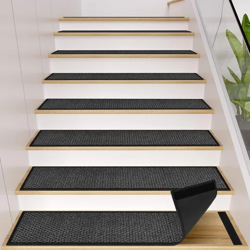 GOYLSER Alfombras de Escalera de Yute Antideslizantes con Respaldo de Goma, 15 Piezas Tapetes Negros para Escaleras de Interiores, Almohadillas