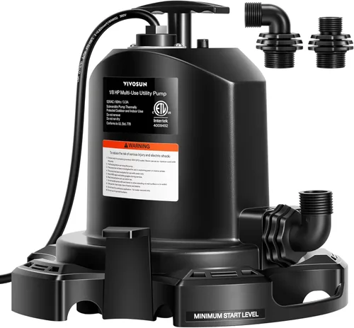 VIVOSUN Bomba de sumidero sumergible, bomba de agua portátil termoplástica de 1575 GPH con cable de alimentación de 10 pies y 2 adaptadores, ideal
