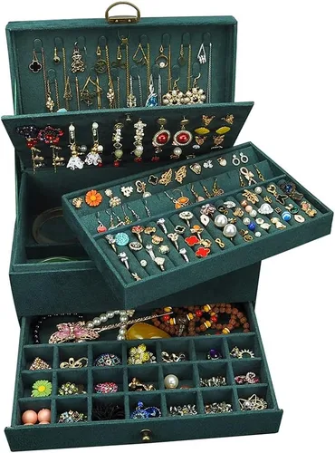 GYJOYERO Joyero organizador de aretes de joyería para mujeres y niñas, 4 capas con cajones, collares, anillos, relojes, vitrina, almacenamiento con