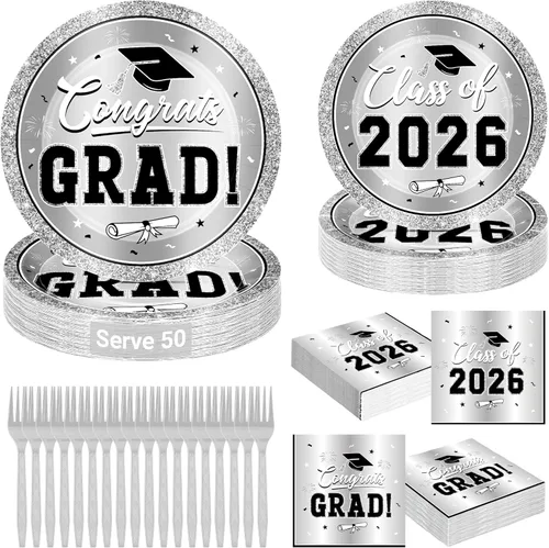 Miniatura 9 de QZYL 200 suministros para fiesta de graduación 2026, platos y servilletas de graduación negros y dorados, platos de postre desechables y tenedores
