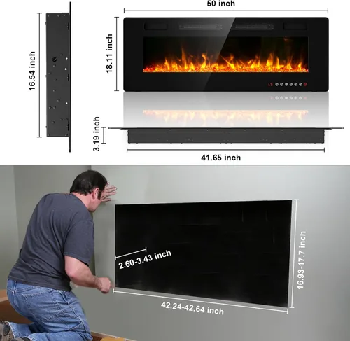 Miniatura 6 de Chimenea eléctrica ultrafina de 50 pulgadas, montada en la pared e independiente, inserto de chimenea LED, chimenea de pared para sala