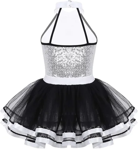 Miniatura 2 de Daenrui Vestido de baile con lentejuelas brillantes para niñas y niñas, con leotardo de ballet, falda tutú, jazz latino, moderno disfraz de baile