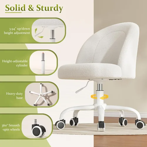 Miniatura 6 de DurayLoly Silla de tocador blanca con ruedas, bonita silla de escritorio con respaldo, silla de oficina sin brazos ajustable en altura, soporte