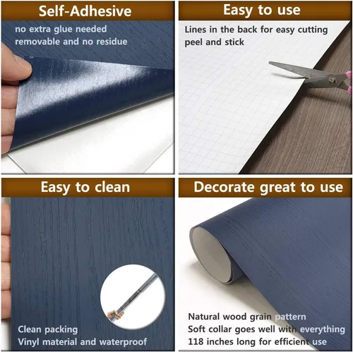 Miniatura 6 de Papel de contacto autoadhesivo de madera azul oscuro, 19.6 x 118 pulgadas, película autoadhesiva decorativa para muebles, papel tapiz autoadhesivo